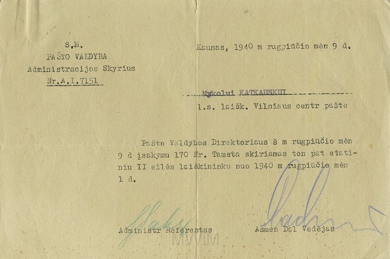 KKE 5527.jpg - (litewski) Dok. Pismo od Dyrektora poczty w sprawie wynagrodzenia dla Michała Katkowskiego, Kaunas, 12 VII 1940 r.